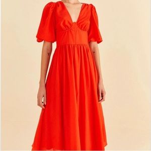 Farm Rio Red Puff Sleeve Midi Dress